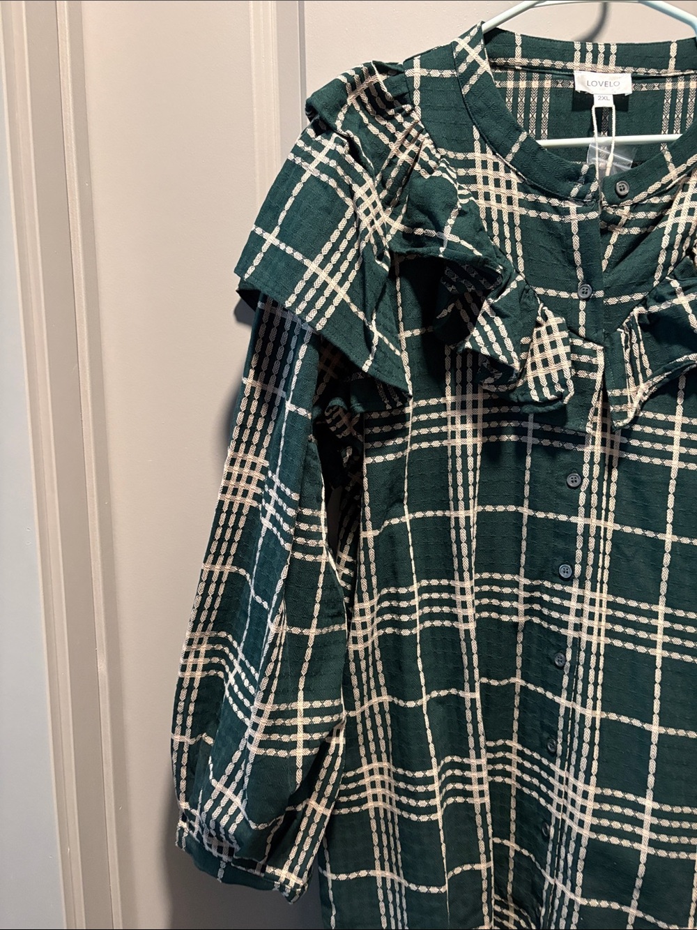 GeeGee x Lovelo Plaid Ruffle Shirt Mini Dress 2X Green Cream Cotton NWT - Picture 5 of 11